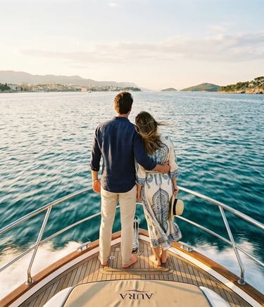 Couple standing on private boat bow, Adriatic Sea, Croatia, golden hour