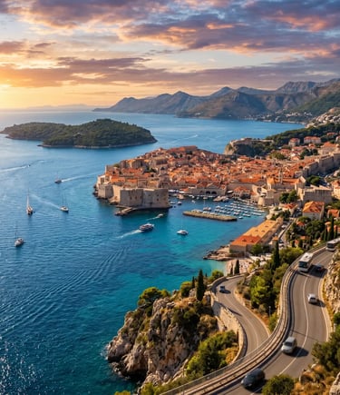 Aerial view of Dubrovnik old town walls, red rooftops and Adriatic Sea at sunset on 3-day Croatia tour