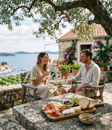 Couple tasting white wine at stone terrace winery, Pakleni Islands, Croatia
