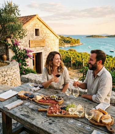 Couple tasting wine at a rustic stone winery with Adriatic sea views and local food