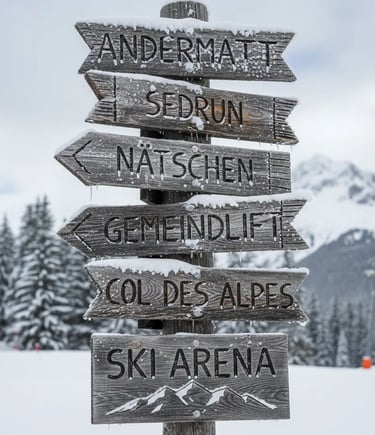 Weathered wooden signpost in the snow, pointing towards various locations in the ski area, including