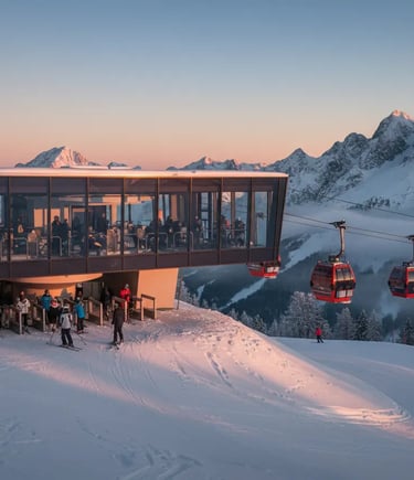 A modern, glass-fronted mountain restaurant/lodge situated on a snowy slope at sunset, with gondola 