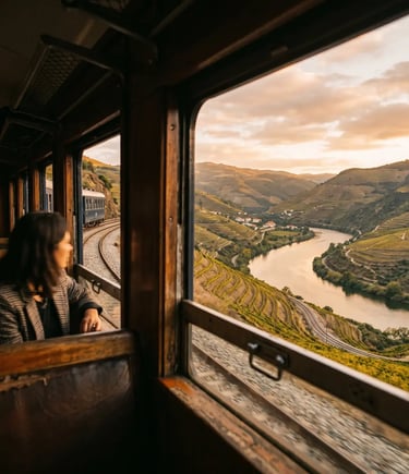 View of Douro River bend and terraced vineyards from vintage train window at golden hour