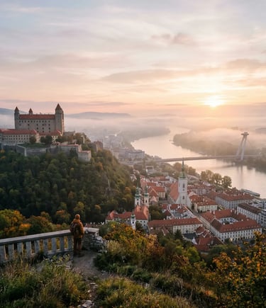 Solo traveler overlooking Bratislava Castle and Danube River at foggy sunrise