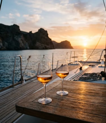 Two wine glasses at sunset on the teak deck of a private feeling cruise in Milos