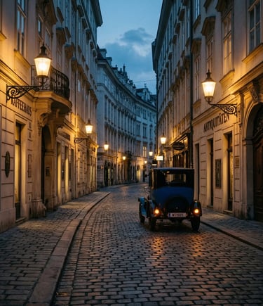Dark vintage car driving alone down lamplit cobblestone Vienna street at night