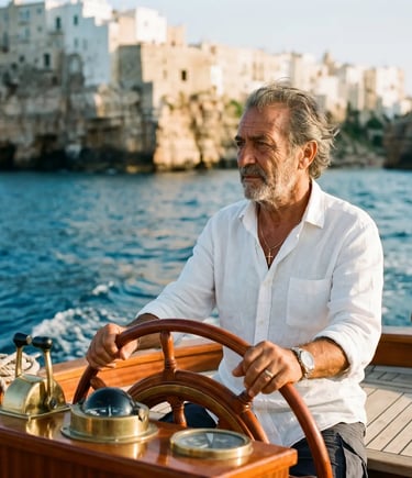 Italian captain in white linen shirt steering luxury gozzo boat near Polignano a Mare cliffs