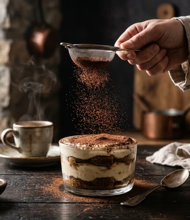 Hand dusting cocoa powder over authentic Italian Tiramisu with steaming espresso cup beside it