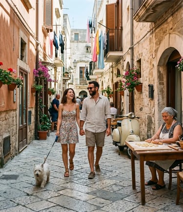 Laughing couple walks dog through Bari old town as nonna makes orecchiette pasta outside.