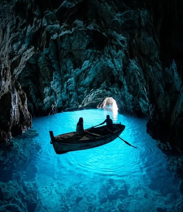 Small boat inside Blue Cave on Biševo Island with glowing blue water