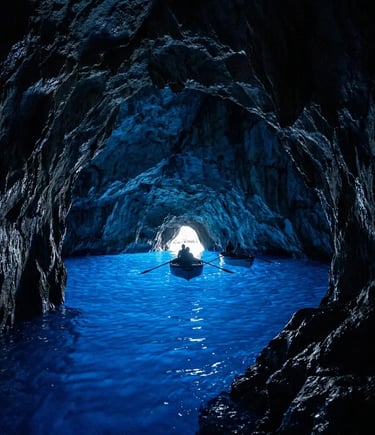 Blue Grotto Capri interior with rowboats in glowing cobalt water, Grotta Azzurra