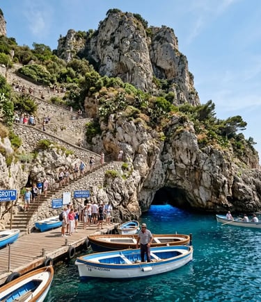 Blue Grotto land entrance on Capri with staircase, rowboats and visitors waiting in queue