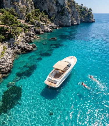 White boat anchored in turquoise water by Capri cliffs with two swimmers nearby