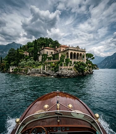 Private mahogany boat approaching Villa del Balbianello promontory Lake Como