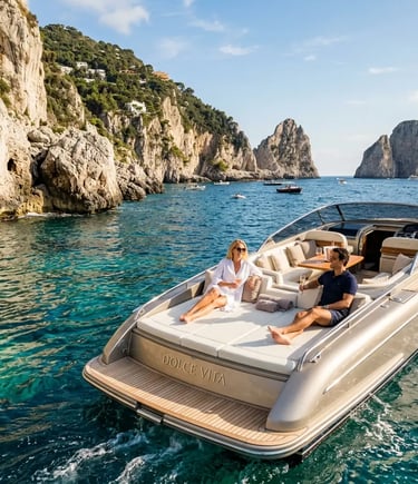 Couple relaxing on private boat tour along Capri cliffs with Faraglioni rocks and turquoise water