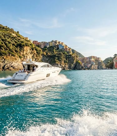Luxury private boat cruising turquoise Mediterranean Sea near Cinque Terre villages