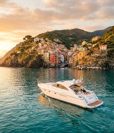 Luxury private yacht anchored near Cinque Terre colorful village at sunset