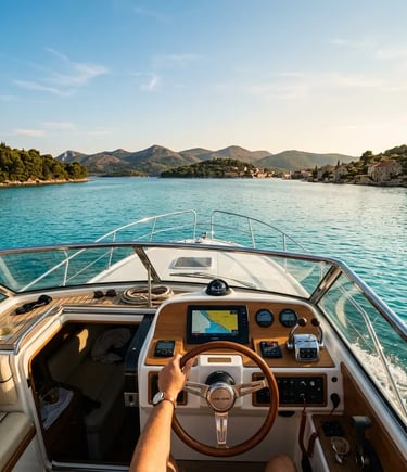 Skipper navigating private motorboat toward Croatian islands on calm Adriatic Sea