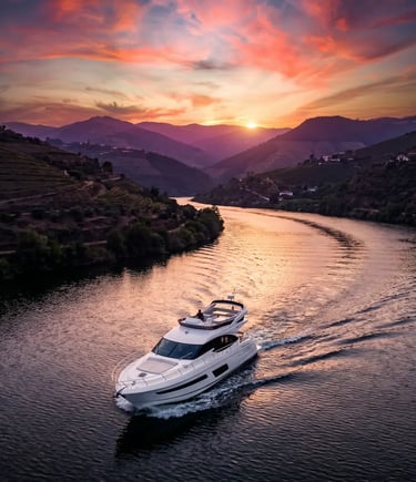 Luxury yacht cruising Douro River at dramatic sunset with pink sky and mountain silhouettes