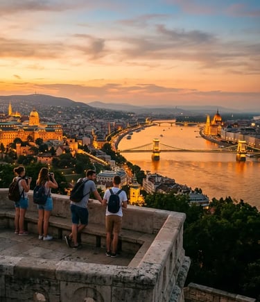 Travelers overlooking Buda Castle and the Danube River at golden hour in Budapest