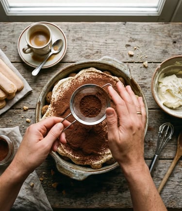 Hands dusting cocoa over homemade tiramisu with espresso and mascarpone in Puglia