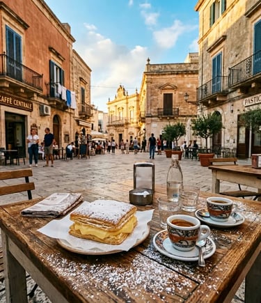 Sporcamuss pastry and espresso cups on outdoor café table in a sunlit Puglia piazza