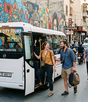 Smiling American couple boarding a Tirana City Tours minibus in Albania