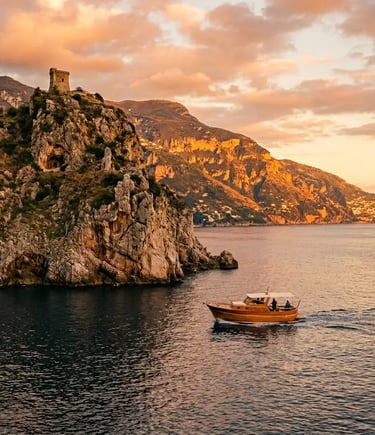 Wooden boat rounding Punta Campanella at sunset on return route to Positano, Saracen tower above