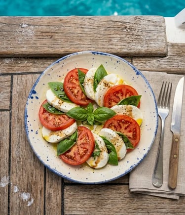 Fresh Caprese salad served on a rustic dish on the boat deck above turquoise Capri water