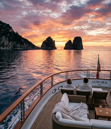 Couple watching sunset over Capri Faraglioni rocks from private yacht charter stern deck