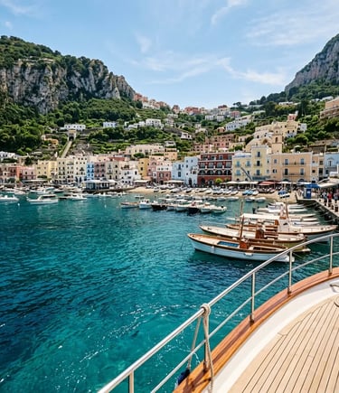 Capri Marina Grande view from luxury yacht deck with turquoise water and pastel harbor houses