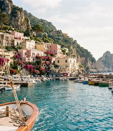 Colorful Marina Piccola harbour in Capri seen from an approaching boat