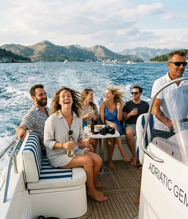 Guests laughing with captain on a Private Elaphiti Islands tour speedboat