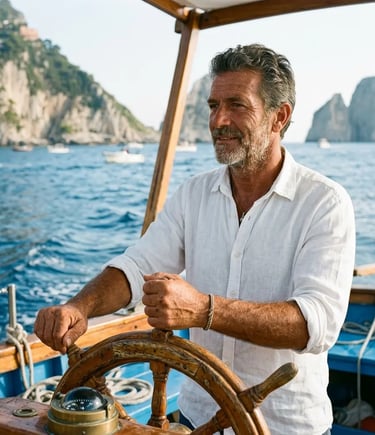 Experienced local skipper Captain Alex at wooden helm of private gozzo near Faraglioni Capri