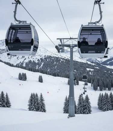 Two modern gondola cabins ascending over a wide, snow-covered ski slope with scattered pine trees an