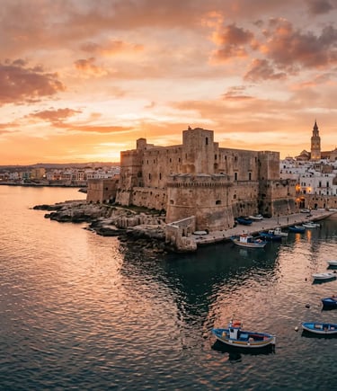 Aerial view of Castello Carlo V Monopoli at golden hour with fishing boats Puglia