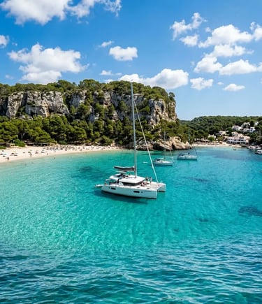 White catamaran anchored in turquoise waters of Cala Galdana Menorca