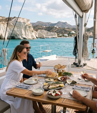 Guests enjoying Greek lunch on premium catamaran cruise deck near Kleftiko cliffs Milos