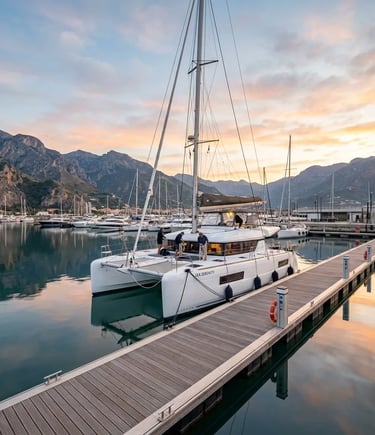 Prestige M48 catamaran docked at Marina d'Arechi Salerno at sunrise ready for Capri charter