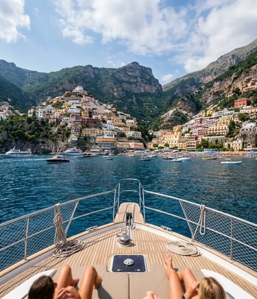 View from luxury catamaran bow toward colorful Positano village on the Amalfi Coast
