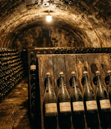Cava Gran Reserva bottles aging on traditional wooden racks in underground cellar