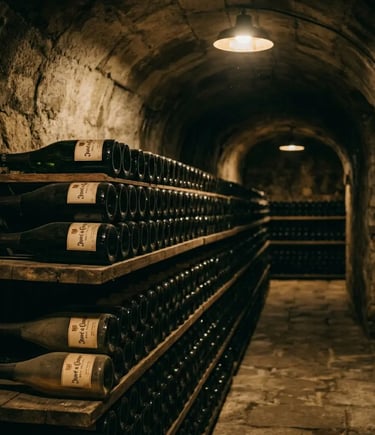 Cava bottles aging on wooden racks in the Juve and Camps cellar in Penedes