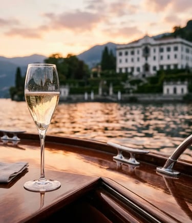 Champagne glass on luxury boat deck with Villa Carlotta at sunset Lake Como