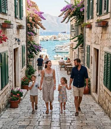 Family with kids eating gelato in charming stone street of Bol old town on Brač island