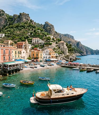Private boat anchored in charming Nerano bay with colorful Italian waterfront restaurants