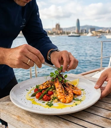 Private chef plating fresh seafood on a yacht deck near Barcelona