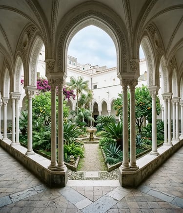 Arabian-style arches and garden inside Chiostro del Paradiso cloister in Amalfi