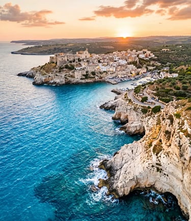 Cinematic aerial shot of Castro hilltop village above white limestone cliffs and Adriatic Sea
