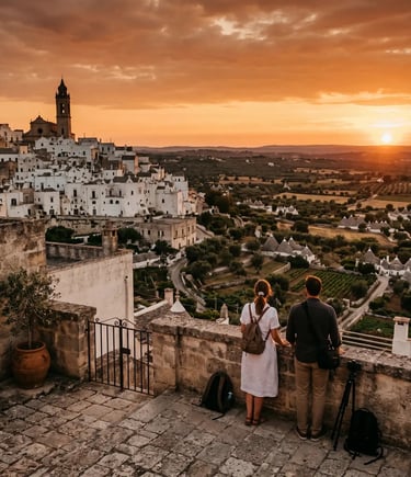 Couple watching sunset over Valle d'Itria's whitewashed hilltop town and scattered trulli in olive groves.