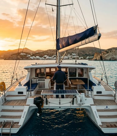 Greek captain steering luxury catamaran at golden sunset along Milos coastline